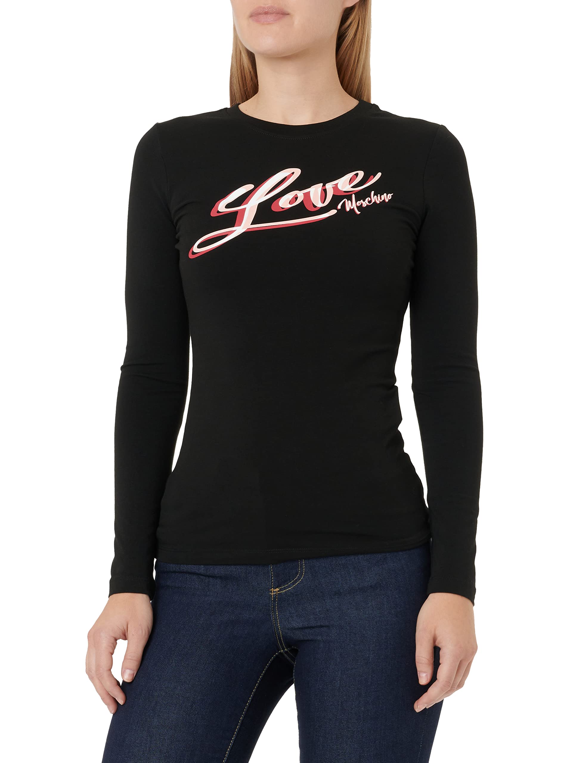 Love Moschino Damen Tight-fitting Long Sleeves With Brand Signature Print T Shirt, Schwarz, 42 EU