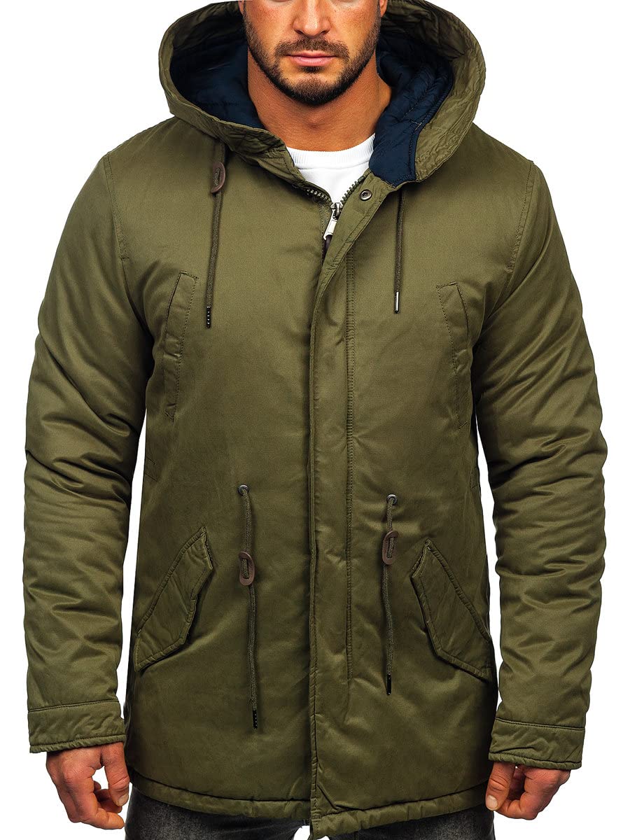 BOLF Herren Winterjacke Gefüttert mit Kapuze Parka Wintermantel Kapuzenjacke Lang Wärm Winter Herbst Freizeit Outdoor Casual Style 1793 Grün L [4D4]