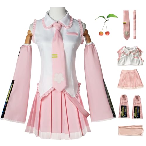 JGZGCG Sakura Miku Cosplay Kostüm Set mit Perücke Anime H'atsune Miku Verkleidung Rosa Uniform Weihnachten Halloween Karneval Party Bühnenauftritt Kostüm Erwachsene