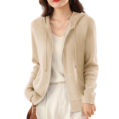 CuLtP Damen Cardigan Mit Kapuze, Leicht, Langärmlig, Mit Reißverschluss, Vorne Offen, Lässige Strickjacke Mit Taschen, Strickpullover, Strickjacke, Überzugsjacke, Beige, S