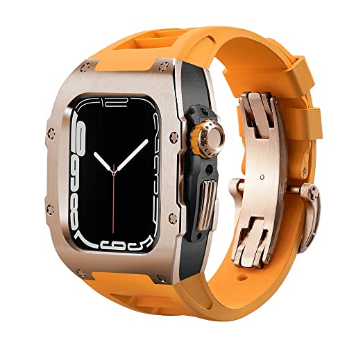 TONECY Für Apple Watch Band Serie 8, 7, 44 mm, 45 mm, Luxus-Modifikationsset, Gummiband, Metallgehäuse für iWatch SE 6, 5, 4, DIY-Nachrüst-Set (Farbe: Orange-RGBRG, Größe: 45 mm)