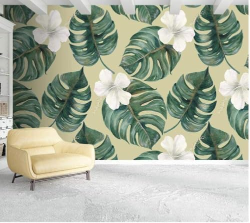 Weiße Blumen Grüne Pflanzenblätter 3D Tapete Poster Restaurant Schlafzimmer Wohnzimmer Sofa TV Dekorative Wand-150cm×105cm