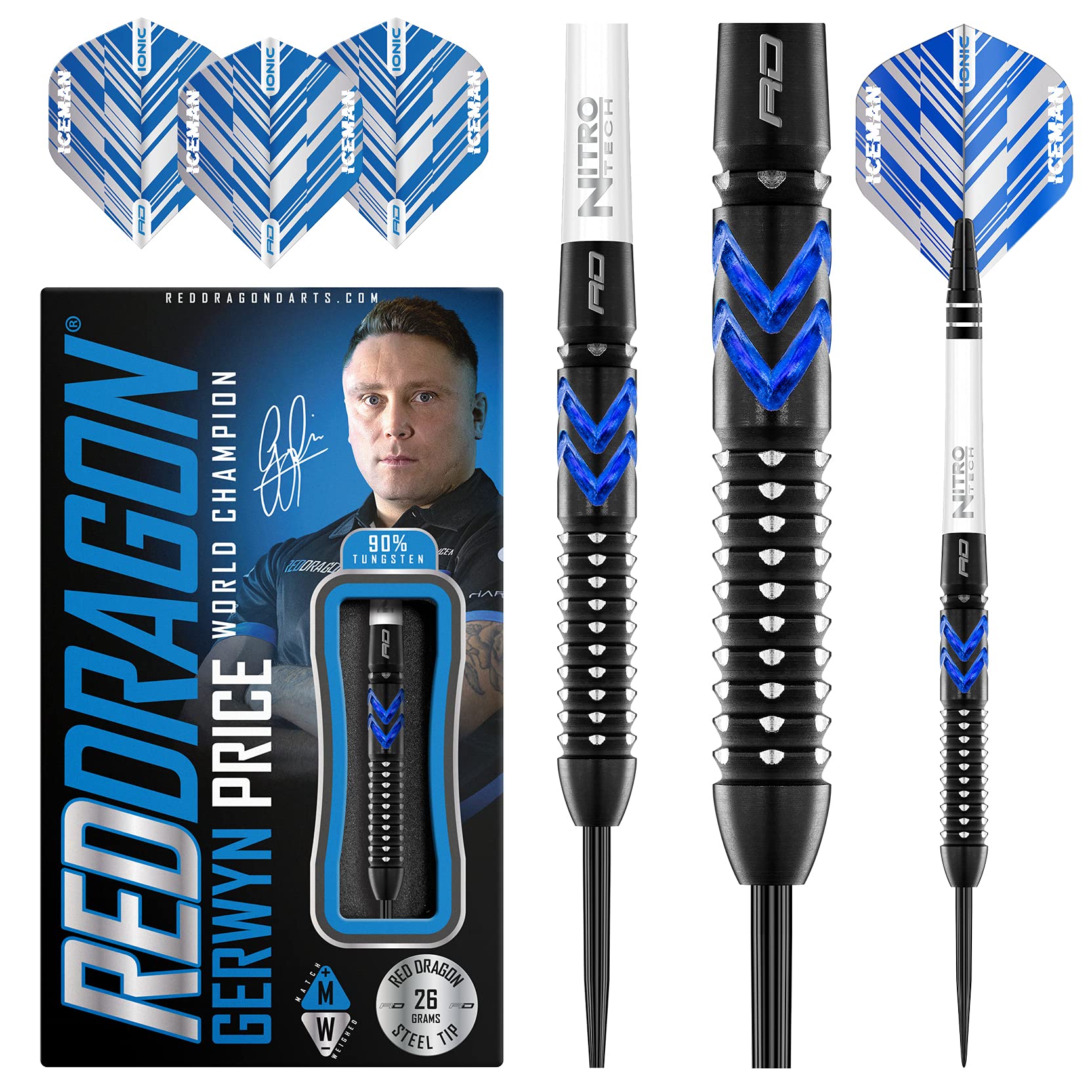 RED DRAGON Gerwyn Price Blue Ice SE 26 gram - Tungsten Professional Darts Set with Flights and Nitrotech Shafts (Stems)