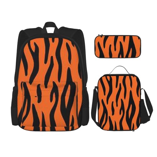 DENMER Mehrzweck-Schultasche mit passendem Federmäppchen und Lunchtasche, stilvolle All-in-One-Lösung, Tiger Streifen Orange Muster, Einheitsgröße