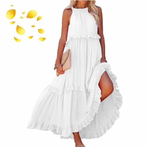 Langes Kleid im Urlaubsstil mit Rüschen, Sommer, ärmellos, Neckholder, Strand, langes Kleid, locker fließende Rüschen, mehrlagiges, plissiertes Maxikleid, weiß, X-Large