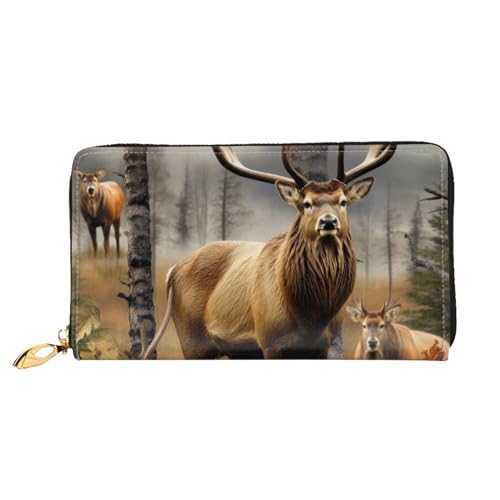 DENMER Gelbe Blumen Schmetterlinge Leder Geldbörse Kunstleder mit metallischem Reißverschluss geräumiges und stilvolles Accessoire für moderne Frauen Produkt, Wildlife Jagd Hirsch Bär Elch,