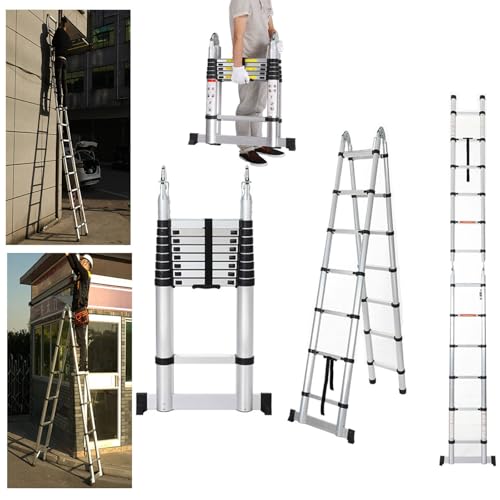 JMbpkduHs Tragbare Zusammenklappbare Leiter-Verlängerungsleiter, Mit Federlast-Verriegelungsmechanismus, rutschfest, 330 Pfund Maximale Kapazität, Faltbare Dachbodenleiter,2.5+2.5M
