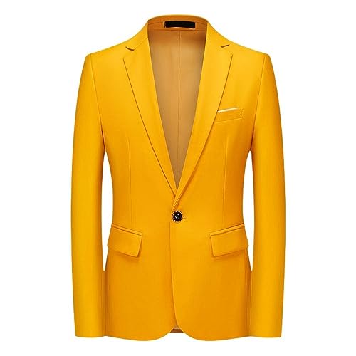 Male Blazer,Leichter Herren Blazer, Slim Fit Jacke, Lange Ärmel, EIN Knopf, Maßgeschneiderter Blazer, Solider Cardigan, Lässiger Business Anzug, Sportmantel, Smoking Blazer Jacke, Gelb, L