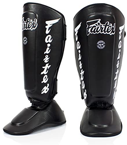 Fairtex SP7 Muay Thai Schienbeinschützer für Herren, Damen, Kinder | aus Syntek-Leder und hochwertig, leicht und langlebig | Abnehmbarer Schienbein- und Fußschutz(Large-Schwarz)