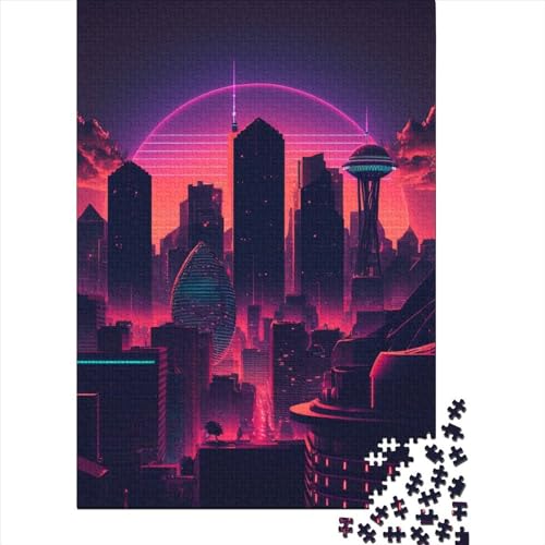 Synthwave City Puzzle für Erwachsene und Teenager, 1000-teiliges Puzzle für Erwachsene und Teenager, Lernspielzeug, Familienspiele, 75 x 50 cm