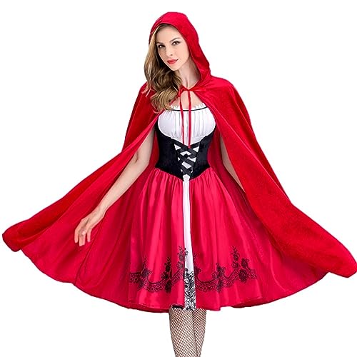 GYSURYB Damen Gothic Kostüm Kapuzenumhang Weihnachten Halloween Partykleid mit Umhang Erwachsene Rollenspiele Langlebig Schwarz + Rot + Weiß XL