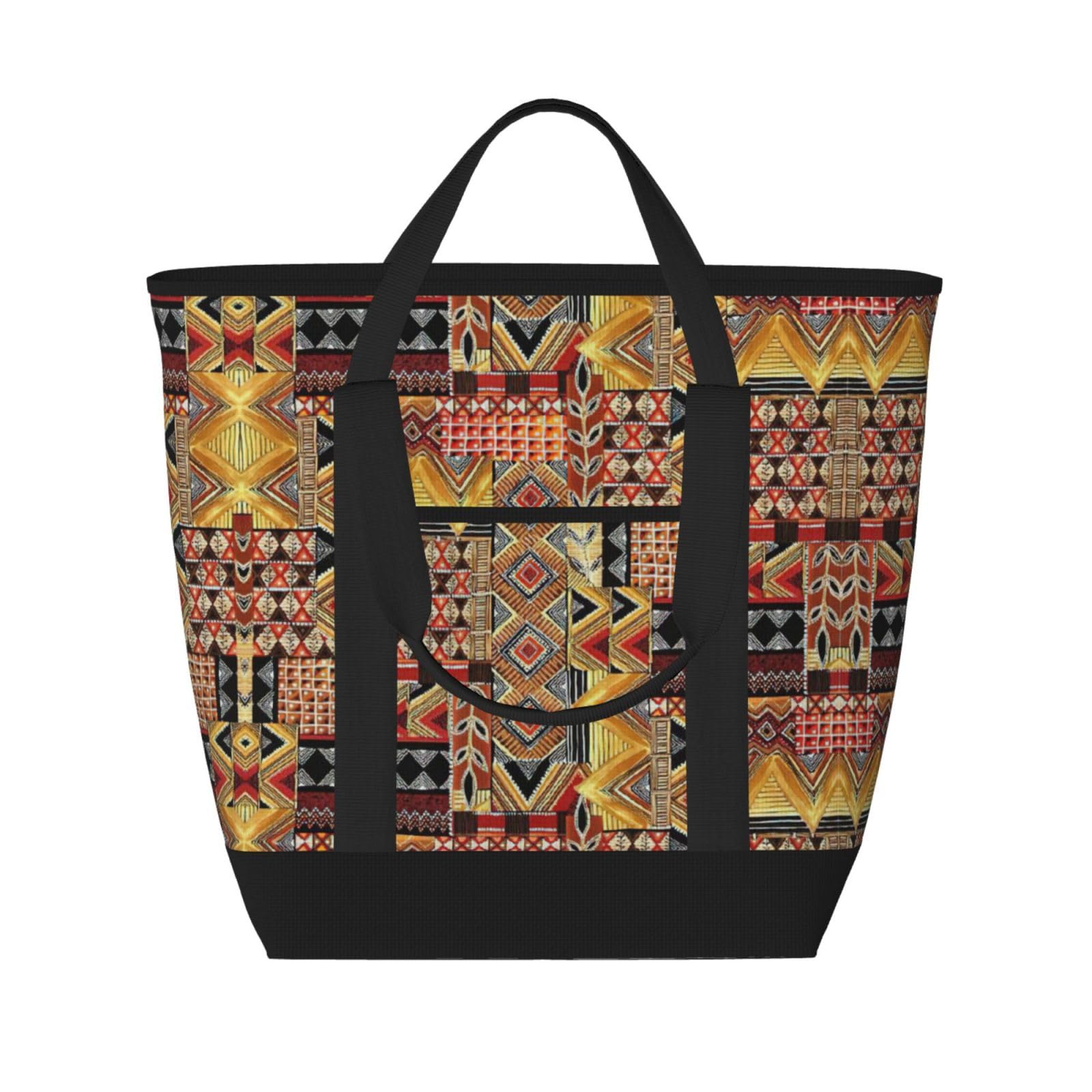 YQxwJL Afrikanische Textil-Patchwork-Druck, große Kapazität, isolierte Lunchtasche, wiederverwendbare Einkaufstasche mit Reißverschluss für Damen und Herren