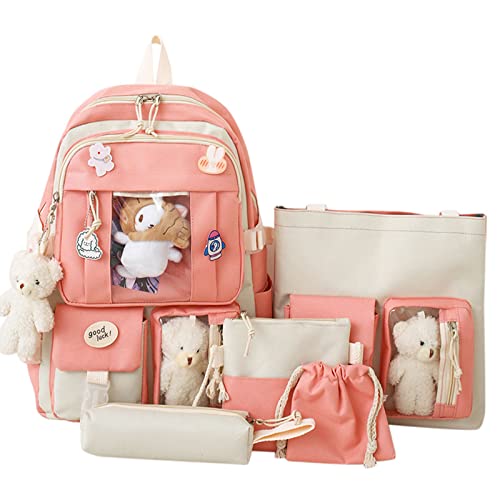 HDKEAN Rucksack, niedlicher Rucksack mit Schultertasche, Handtasche, Bleistift für Etui, Kordelzug, für Schule, Teenager, Jugendliche, Studenten, 5 Stück, rose, 30x13x43cm