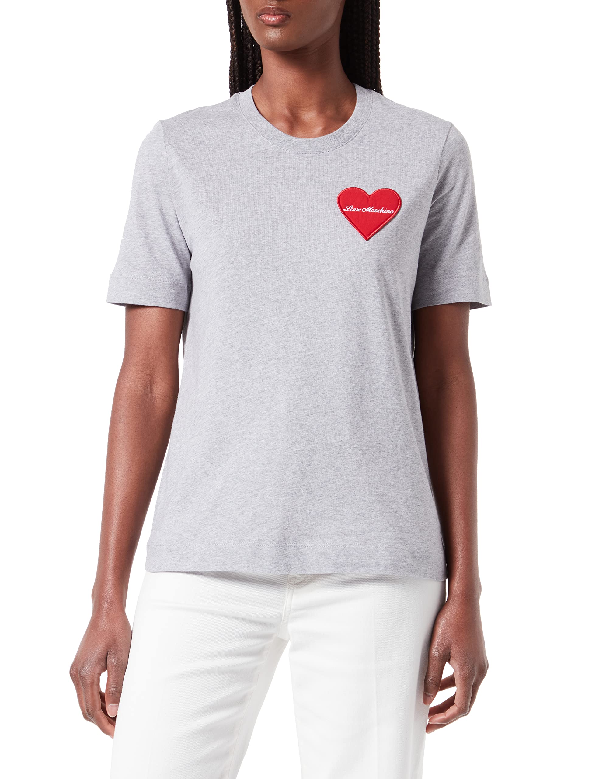 Love Moschino Womens with Brand Heart Patch T-Shirt, Melange Light Gray, 46