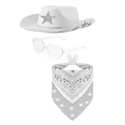 MEELYHOME Pailletten-Stern-Cowgirl-Hut, Kostüm-Set, Junggesellinnenabschied, Cowboyhut, Quasten, Bandanas, Damen, Brautparty, Verkleidungsanzug, Brauthut, Schal, Brille, Set für Brautbrille