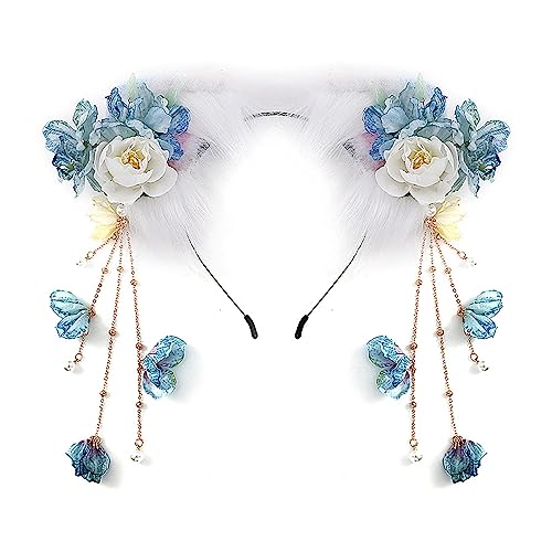 SANRLO Stirnbänder, Haarschmuck für Damen, chinesischer Stil, niedliche Kätzchenohren, Stirnband mit Blume, Karneval, Haarreifen, Make-up, Frühling, Cosplay, Party, Kopfschmuck