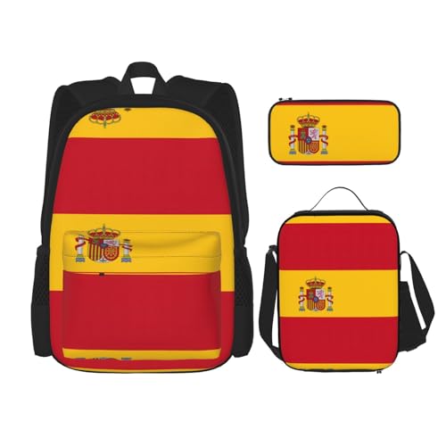 WURTON Reise-Lunchbox mit spanischer Flagge, Federmäppchen, Rucksack-Set, 3-teilig, verstellbare Riemen, leicht, Schwarz, Einheitsgröße