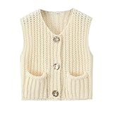 Sweater Vests Women 2024, Women's Button Front V Neck Sleeveless Crochet Solid Checkered Knit Sweater Vest with Pockets (Beige,Small)