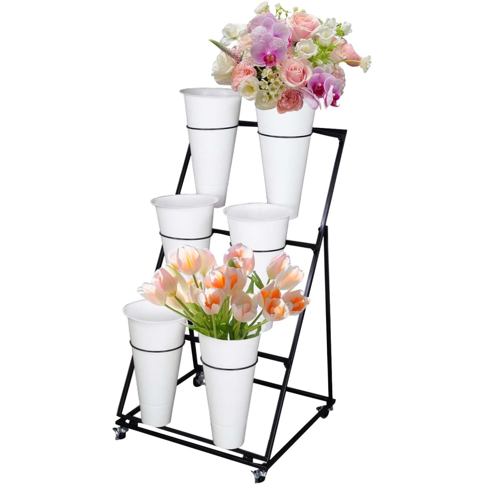 Blumenständer, Metalltransport Blumenregal, Eiserner Florist mit 4 Universalrädern und Plastikeimer, für Wohnzimmer, Garten, Hof, Florist, Balkon, Terrasse,3 Tier 6 White Bucket