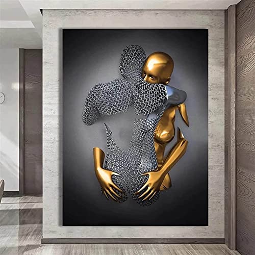 TROONZ Liebe Herz 3D-Effekt Wandkunst mit Holzrahmen, Abstrakte Metallfigur Skulptur Deko, Bild Leinwand Kunst Wand, Liebesherz 3D Effekt, Paare, Metallkunst Set-A||20 * 30cm