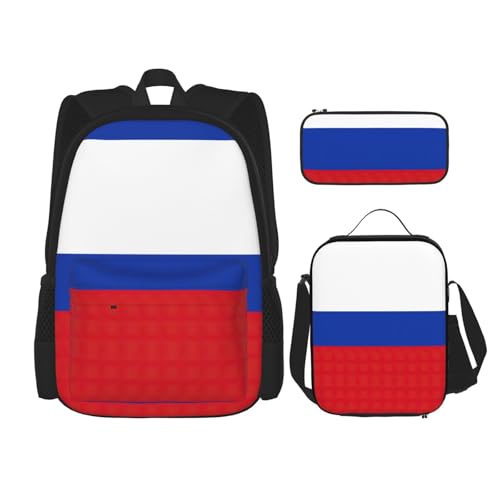 WURTON Russische Flagge Druck Rucksack Set Schule Buchtasche mit Mittagessen Tasche Federmäppchen Kombination Schultaschen Set