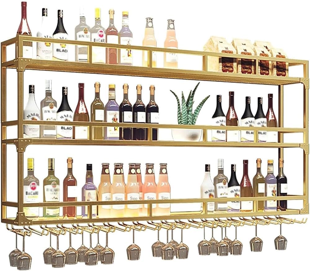 BFVAKBKYT Hängende industrielle runde Weinregale, 3-stufiges, an der Wand montiertes Weinregal mit LED-Leuchten, multifunktionales Lagerregal for das Wohnen in Restaurants und Bars(Black,150x25x90cm)