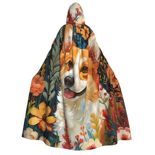 WURTON Corgi Kapuzenumhang mit Blumenmuster, Frühlingsgarten-Druck, für Damen und Herren, Halloween, Karneval, Cosplay, Mottopartys, Dekoration