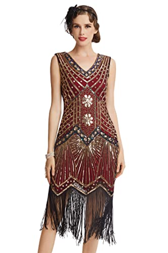 BABEYOND Damen Flapper Kleider voller Pailletten Retro 1920er Party Damen Kostüm Kleid Gold & Wine Red, XL