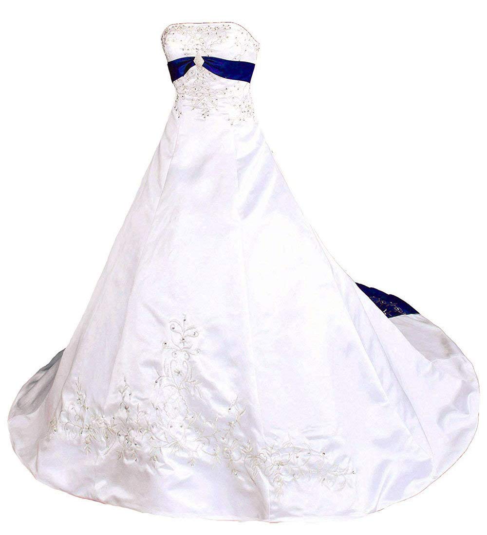 Zorayi Damen Vintage A-Linie Satin Stickerei Brautkleid Hochzeitskleider Elfenbein & Blau Größe 38