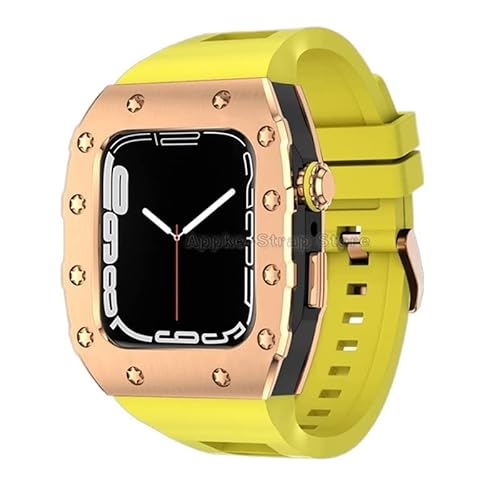 KANUZ Silikonband für Apple Watch 6 5 4 SE Serie, 44 mm, Metalllünette, Luxus-Metalllünette, Gummiband, Modifikationsset für iWatch Serie 8, 7, 45 mm (Farbe: W, Größe: 45 mm für 8/7)