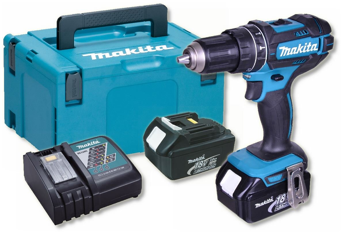 Makita DPH482 RFJ 18 V Kombi-Bohrmaschine mit 2 x 3,0 Ah Li-Ion-Akkus im MakPac