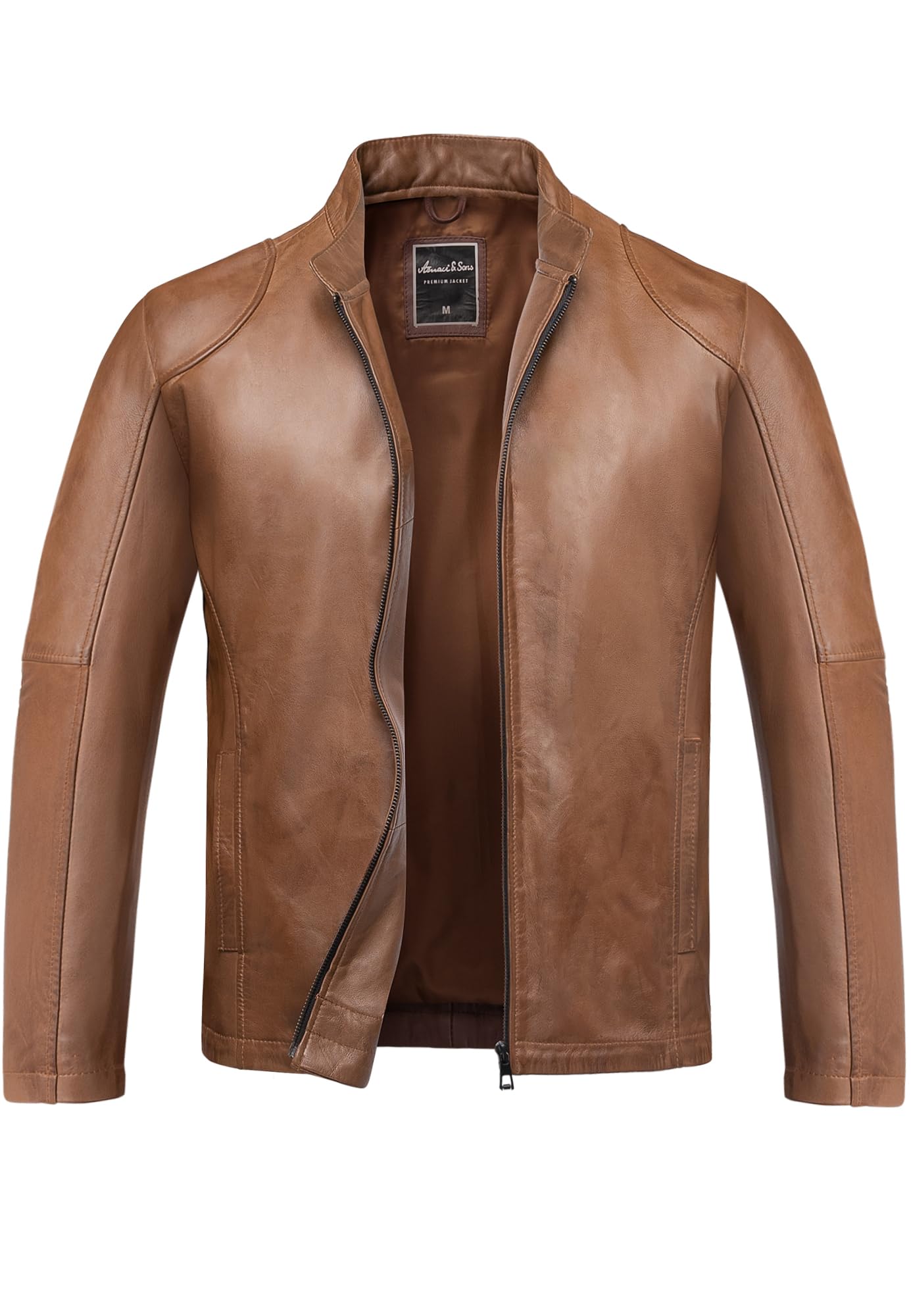 Amaci&Sons Herren Echtleder Jacke Biker Zipper Lederjacke 9106 Cognac M