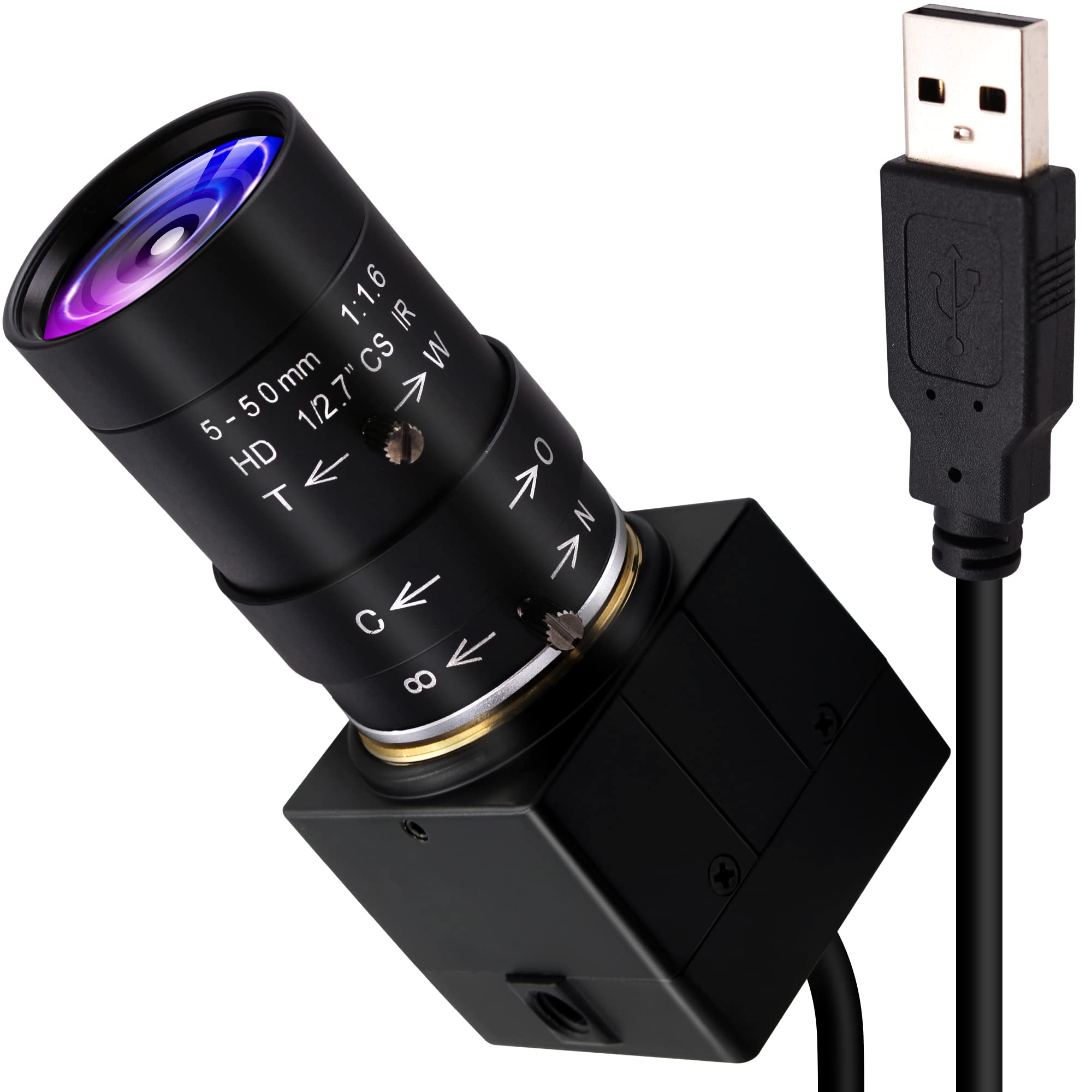 ELP USB Kamera 5-50mm Zoom Objektiv Webcam 5 Megapixel Variable Fokus Kamera USB Plug & Play Kompatibel für Mac/Android/Windows USB2.0 UVC Videokonferenz Web Kamera USB500W05G-SFV(5-50)