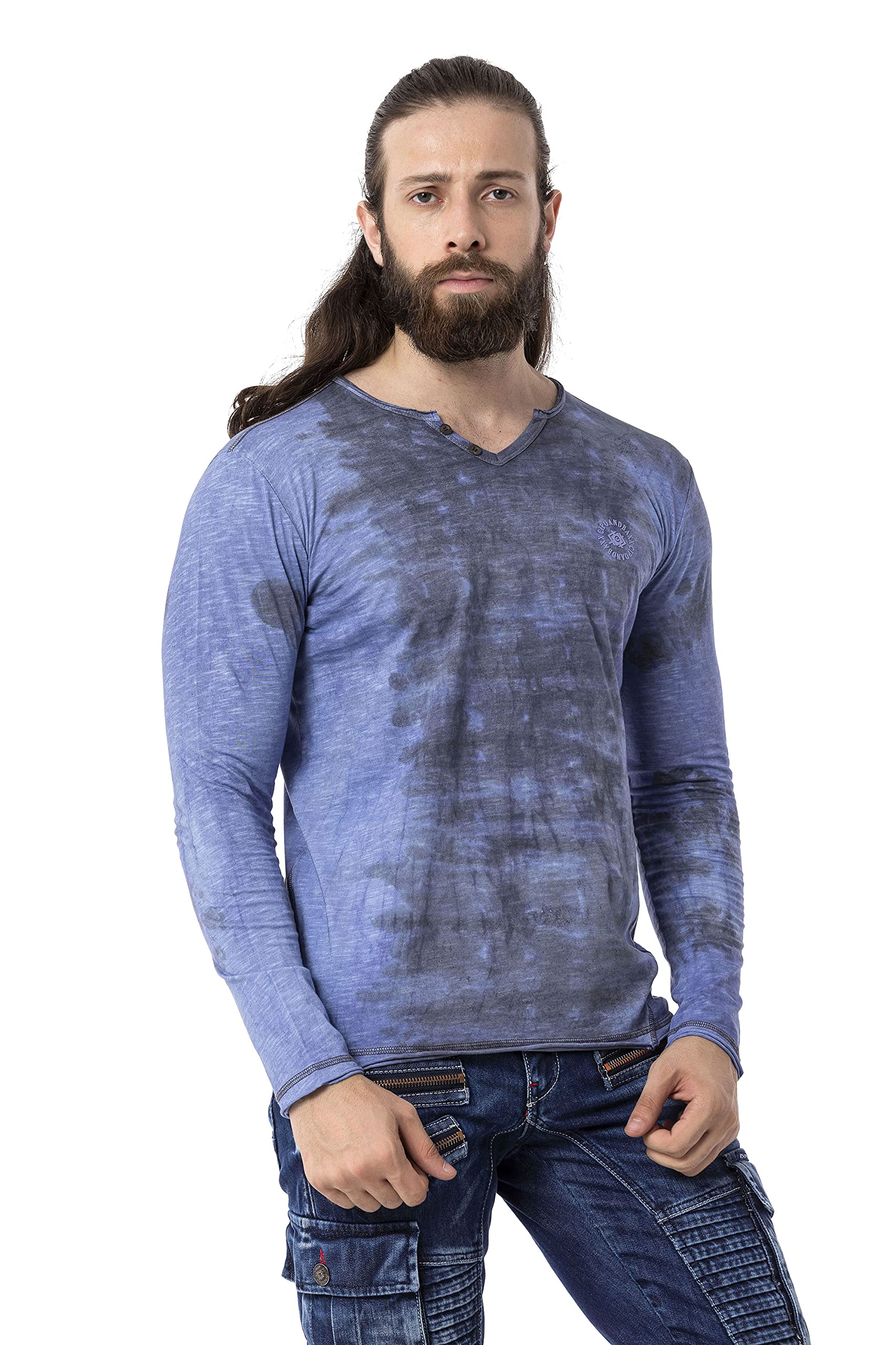 Cipo & Baxx Herren Longsleeve Sweatshirt Shirt Batikwaschung V-Ausschnitt Print Langarmshirt CL517 Blau XL