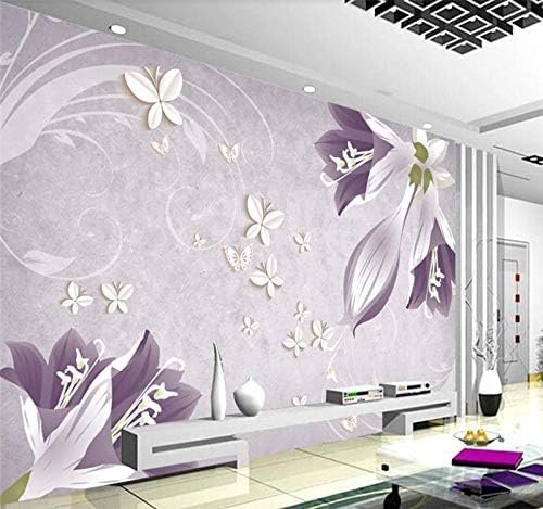 XLMING Weiß Lila Schmetterling Blume Lilie Küche Esszimmer Arbeitszimmer Wohnzimmer TV Hintergrund Wand 3D Tapete-150cm×105cm