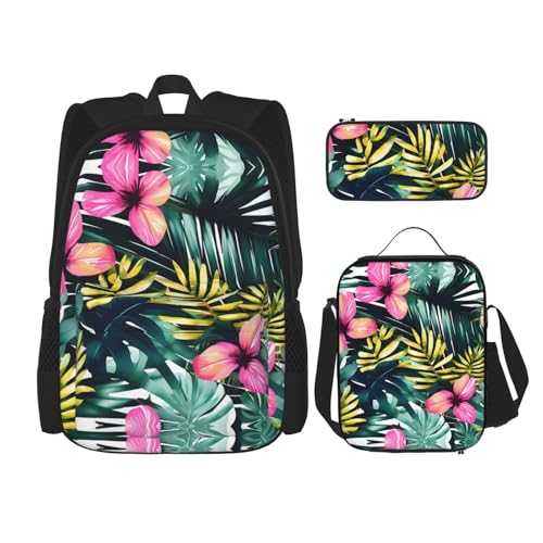 WURTON Tropischer Sommer, Hawaii-Blume, Palmblätter, bedruckt, Lunchbox, Federmäppchen, Rucksack-Set, 3-teilig, verstellbare Riemen, langlebig, leicht, Schwarz, One Size