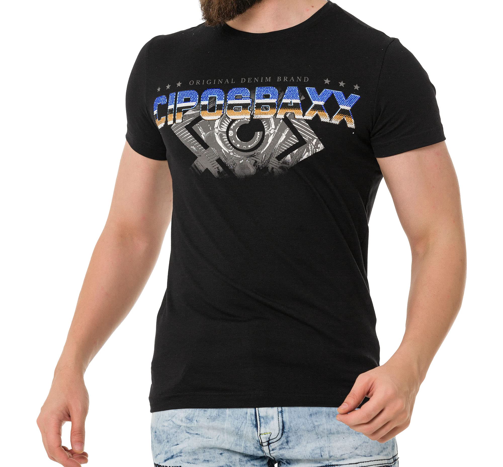 Cipo & Baxx Herren T-Shirt Print Strass-Schriftzug Kurzarm CT721 Schwarz S