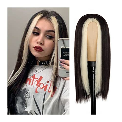 Perücken Synthetische schwarze Highlight-Perücke 24 Zoll lange gerade Stinktier-Streifen-Perücken for Frauen Mode Mittelteil hitzebeständiges Haar tägliche Party Cosplay Perücke Damenperücke (Color :