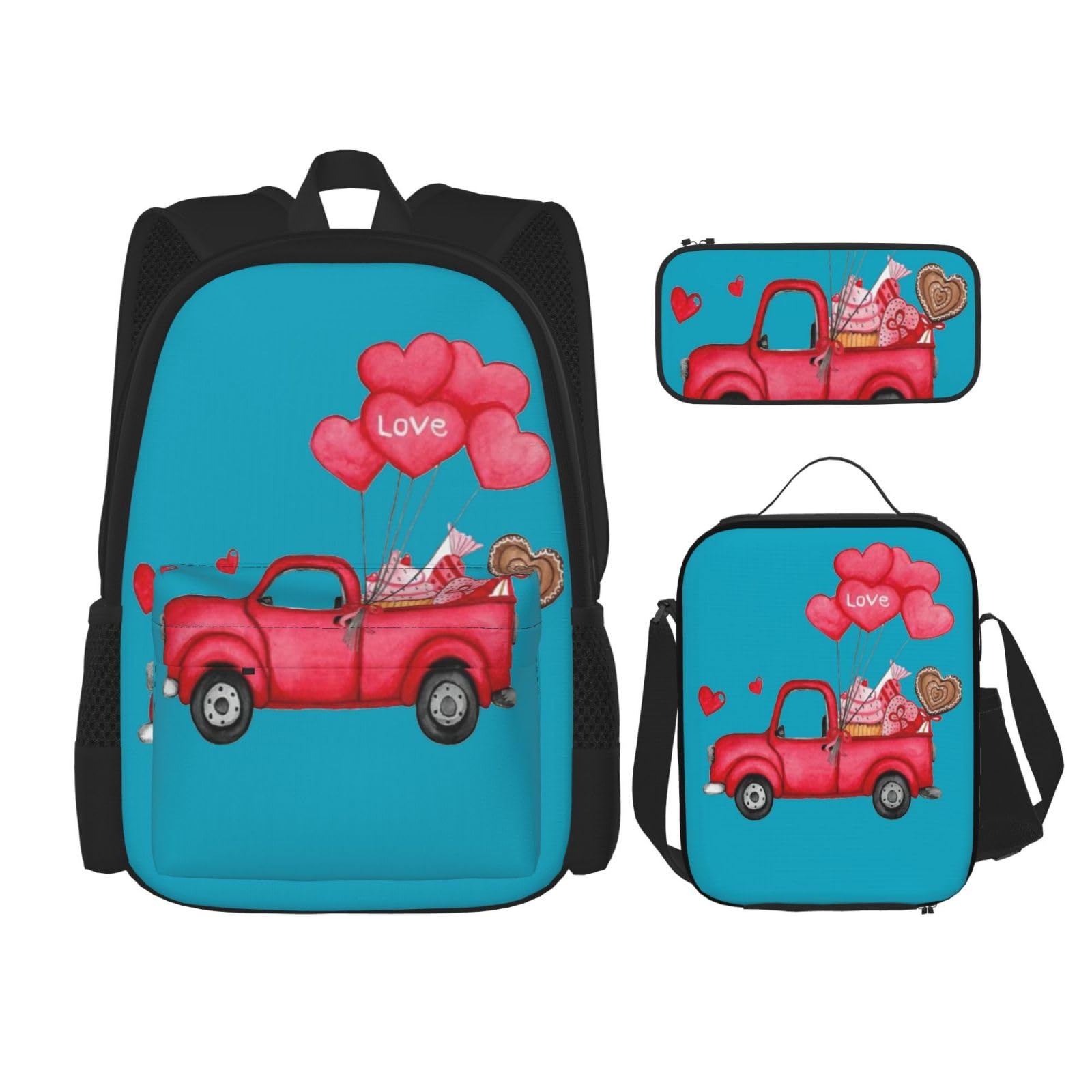 WURTON Romantischer Rucksack mit Herzballon-Druck, für Mädchen, Jungen, Schultaschen, Teenager, Lunchbox und Federmäppchen, 3-in-1-Büchertaschen-Set