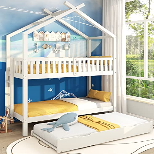 Hausbett Kinderbett Jugendbett Hausbett Kinder 90X200 Drei Betten Ausziehbar Platzsparendes Design Bodenbett Kinder Weiß Vielseitiges Holz Kinderbett FüR Jungen & MäDchen