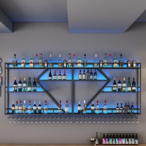 HSJFS Weinregal Wandmontage Bar Regale Mit Hängenden Weinglas Halter Rack Und Led Licht Liquor Flasche Display Regal Schwebende Bar Regale Whiskey Regal Küche Wandschrank Für Home Bar Cesszimmer (/Bla