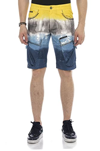 Cipo & Baxx Herren Shorts Denim Batikwaschung Kurze Hose Capri Cargotaschen Jeansshorts Freizeit Colorblock CK211 Gelb-Blau 36