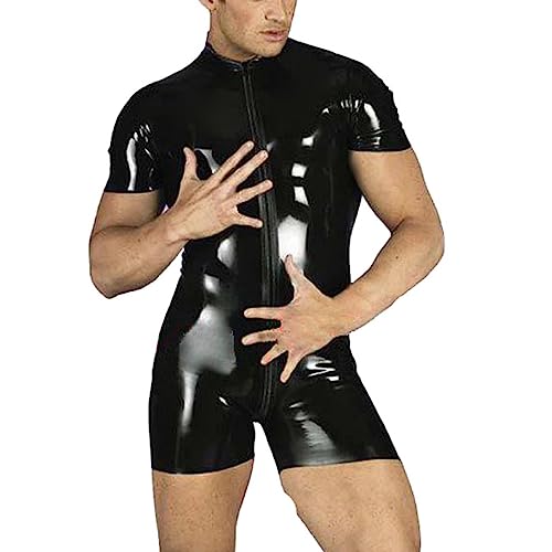 VOIV Wet-Look-Anzug, Kunstleder-Overalls, PVC-Reißverschluss-Bodysuits, sexy Club-Männerbekleidungskostüm mit offenem Schritt