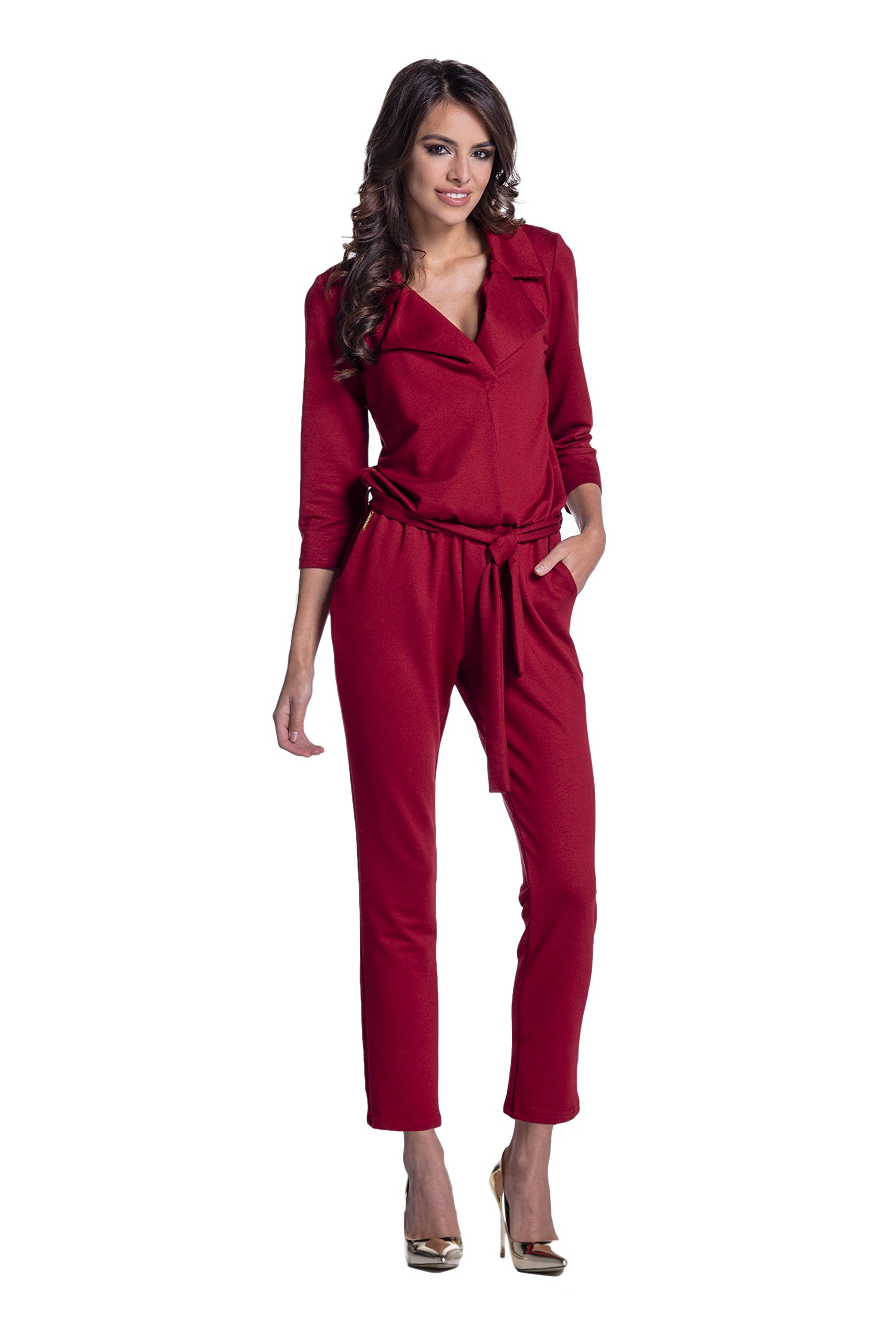 Lemoniade eleganter Jumpsuit mit 3/4-Ärmel, elegantem Kragen und ausgefallener Schnürung an der Hüfte (L (40), Modell 2 Karminrot)