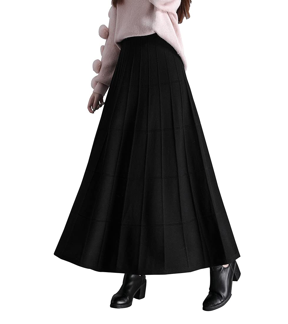 Damen Lang Strickrock Hohe Taille Winter Warm Elegante Vintage Elastische Taille A-Linie Maxi Rock Faltenrock M