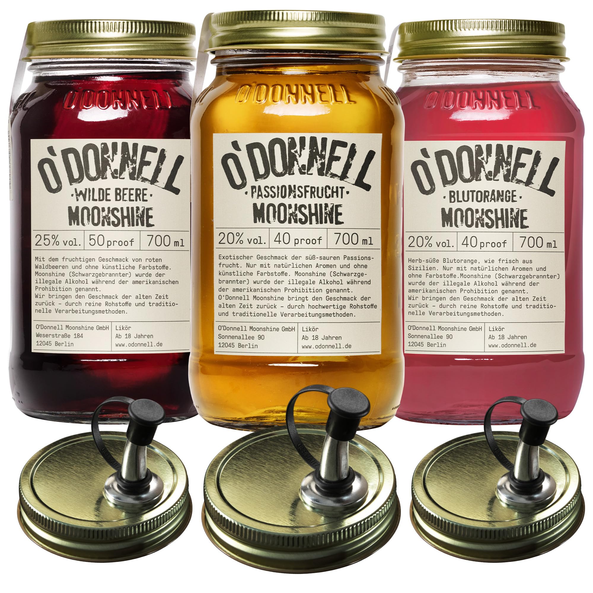 O'Donnell Moonshine Geschenkset | Geschenkbox | Premium Likör nach amerikanischer Tradition | 3 x 700ml | Natürliche Zutaten | Vegan | mit Ausgießer (Passionsfrucht/Blutorange/Wilde Beere)