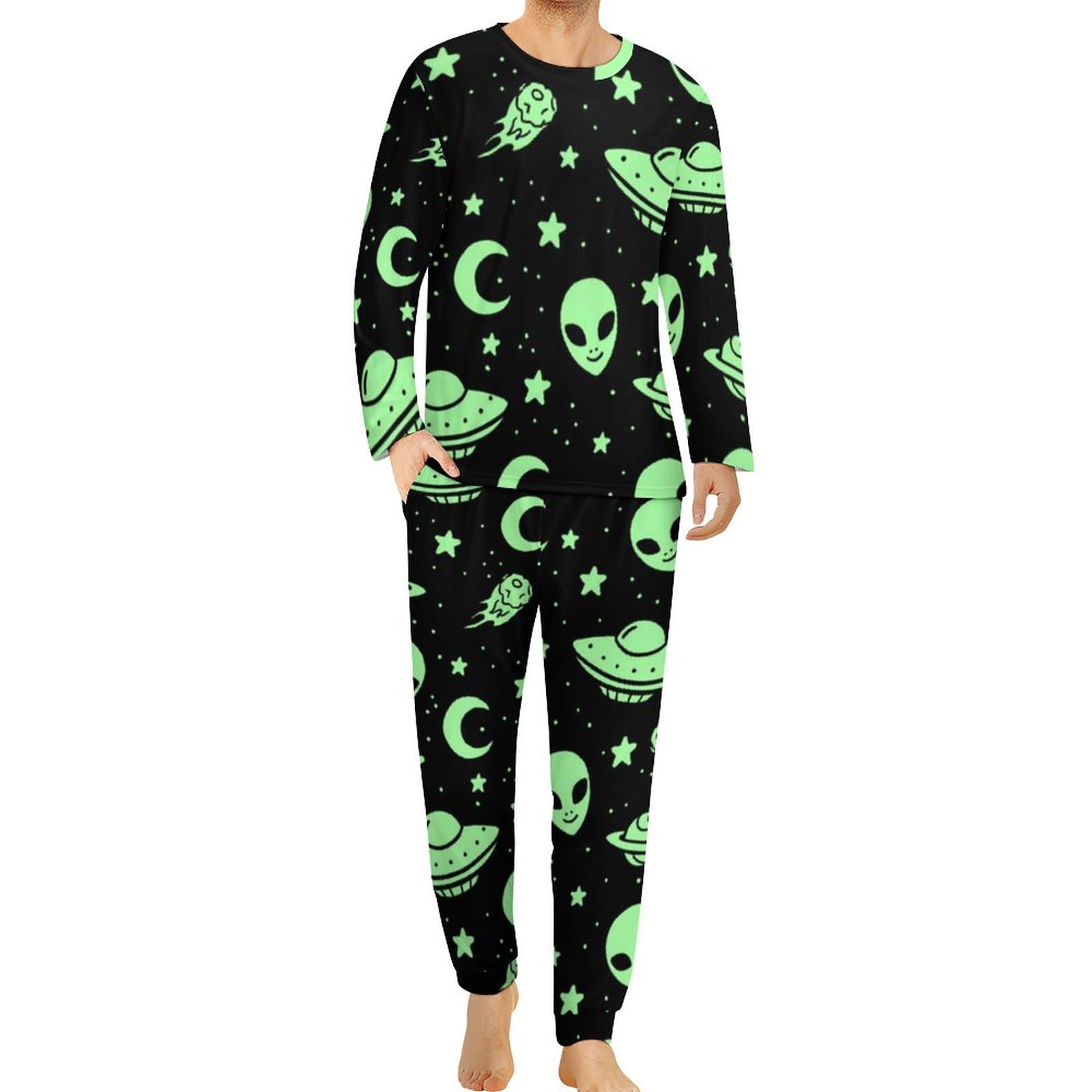 HABXNJF Herren Rundhals Schlafanzug Set, Green Alien Moon UFO Pyjama für Männer, Herren Pyjama mit Taschen, Grüner Alien Mond Ufo, XL