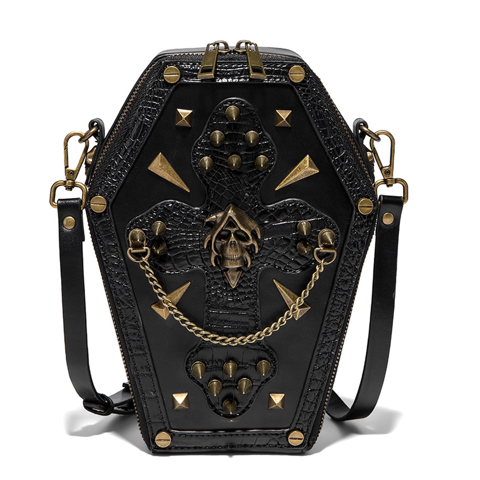 Vintage inspirierte Umhängetasche mit Totenkopf-Druck, PU-Leder, Schultertasche, Umhängetasche, Geldbörse, Halloween, für jeden Anlass, Farbreferenzbild: