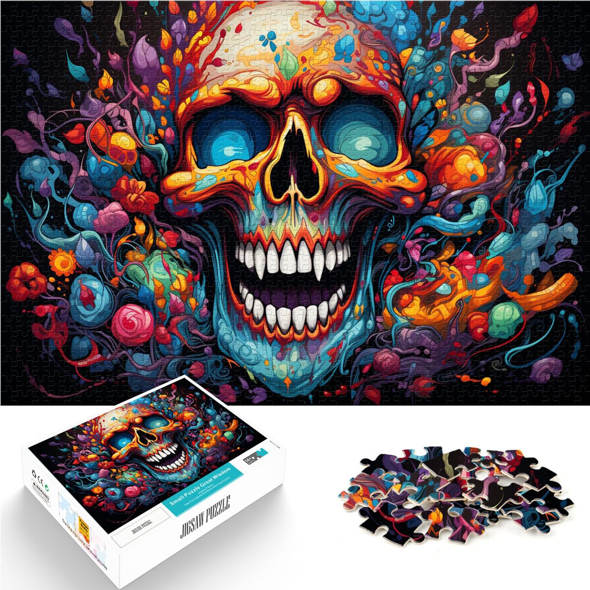 Puzzle, buntes psychedelisches Graffiti-Totenkopf-Kunstpuzzle, 1000 Teile, Puzzle für Erwachsene, Holzpuzzle, Puzzle als Geschenk, 1000 Teile (50 x 75 cm)