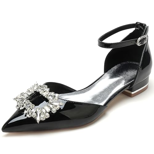 RUIZE Schwarz,41,Ballerinas mit geschlossener Spitze für Damen, 2,5 cm, glitzernde Strasssteine, Lackleder, Knöchelriemen, niedriger Absatz, Brautschuhe